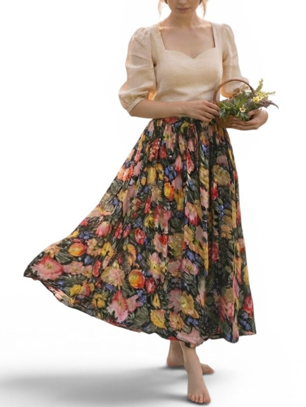 Vintage Short Circuit Floral Print Cotton Maxi Broomstick Skirt Black One Size
